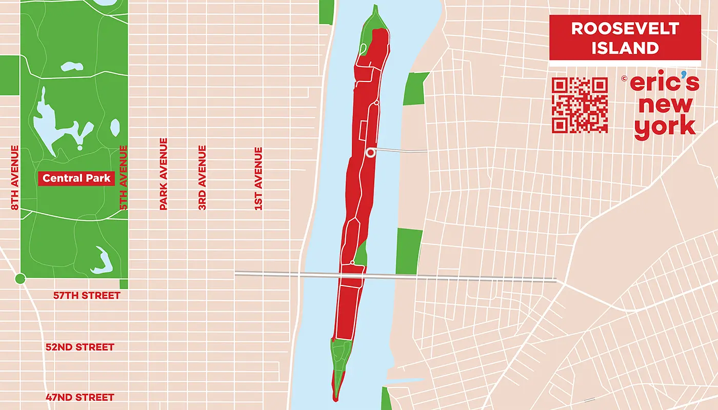 Roosevelt Island i New York - Gratis Karta