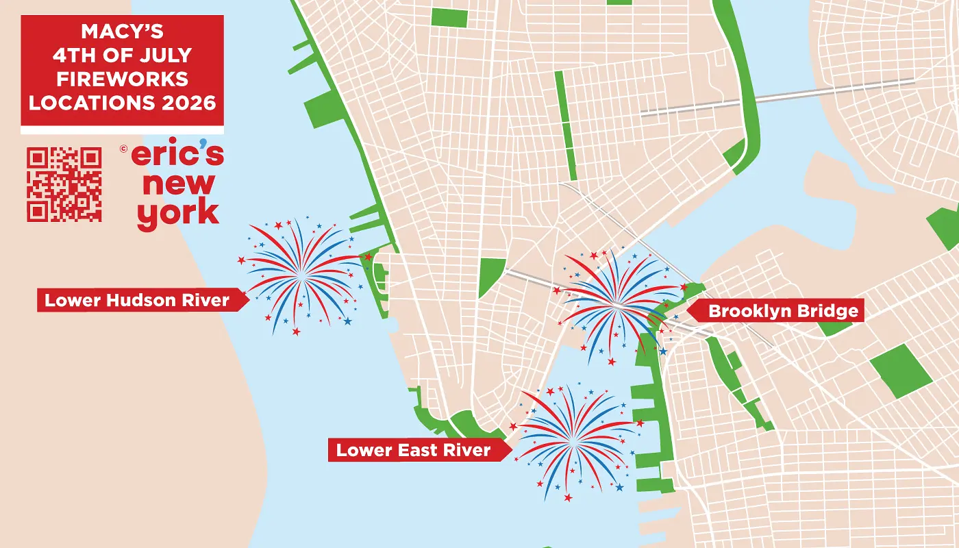 4th of July i New York - Karta över fyrverkeriplatser