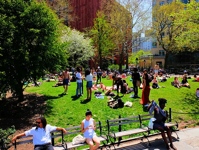 Washington Square Park i New York - Livlig park i Greenwich Village